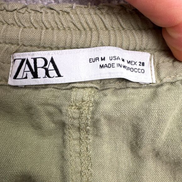 Zara Linen Ankle Straight Leg Trouser Pants Womens Medium Green Elastic Waist - Picture 6 of 15